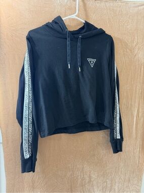 Guess Black Cropped Hoodie with Logo Tape Sleeves